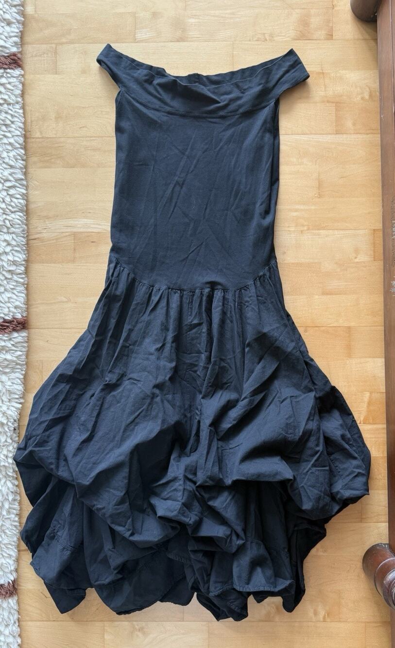Luna Luz Black Off The Shoulder Linen Asymetric Lagenlock Midi Dress M